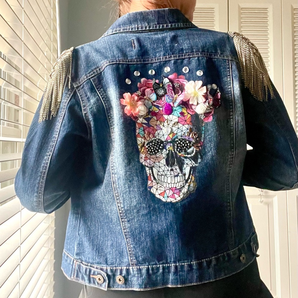 Custom Embellished Jacket with Rhinestone Epaulettes, Skull Design & Flowers